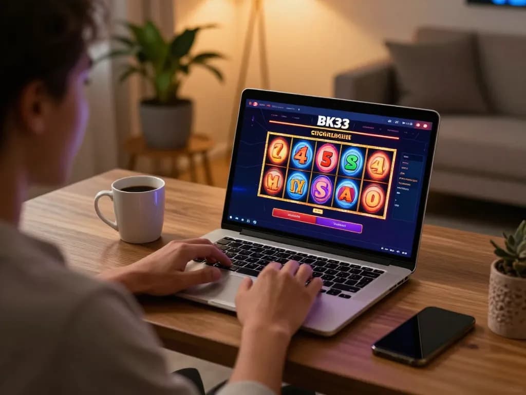 Experience the thrill of BK33 online gaming with vibrant slots on a laptop in a cozy home setting.