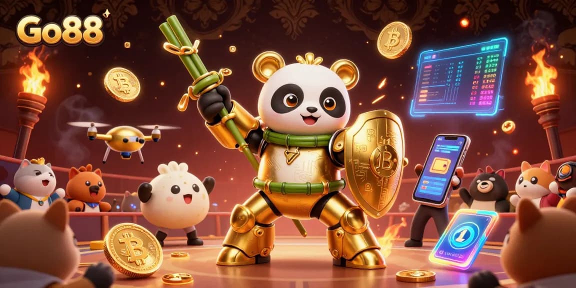 Engage in thrilling gameplay at Go88, featuring a mech-suit panda and crypto coins in an exciting arena.