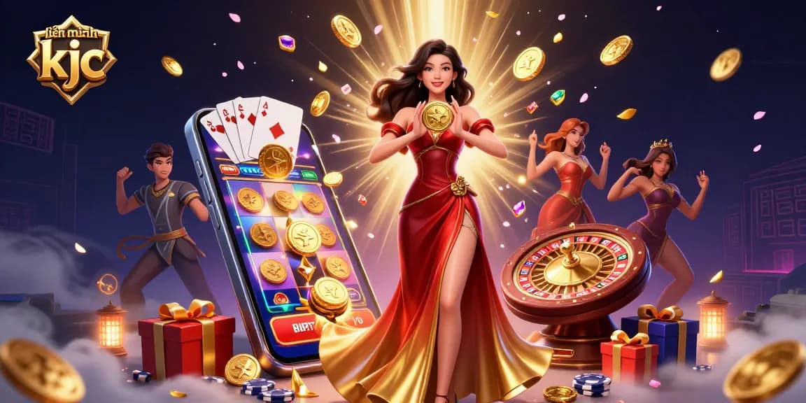 Experience dynamic gaming with liên minh kjc as an Asian woman celebrates winnings with coins and gems in a vibrant casino scene.