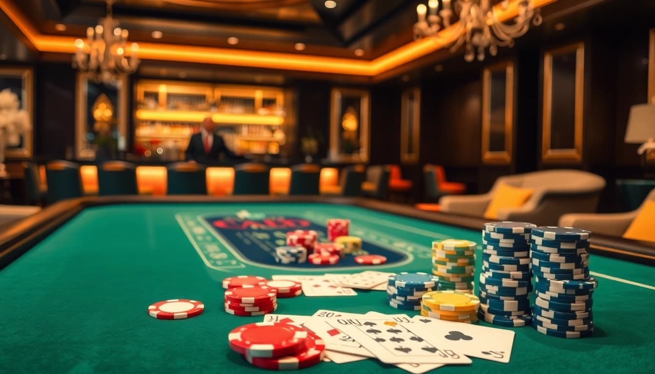 Spielen am Casino mit lebhaften Pokerchips und eleganten Karten auf einem opulenten Tisch.