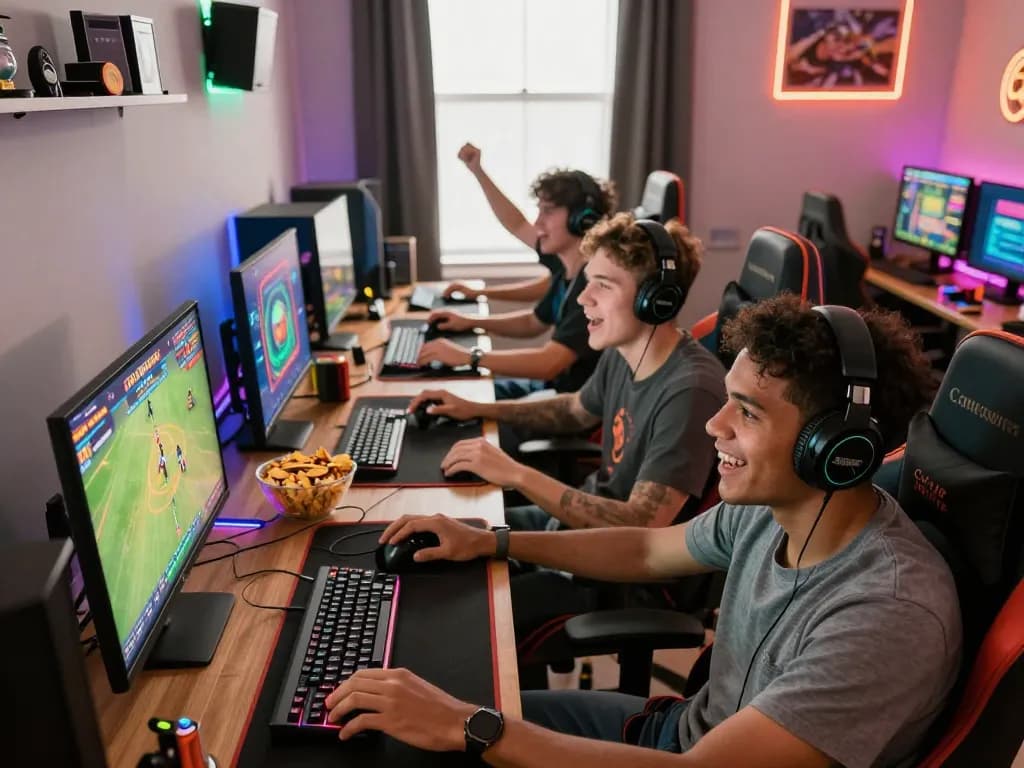 Friends enjoying an exciting gaming session on OPEN888 platform with vibrant atmosphere