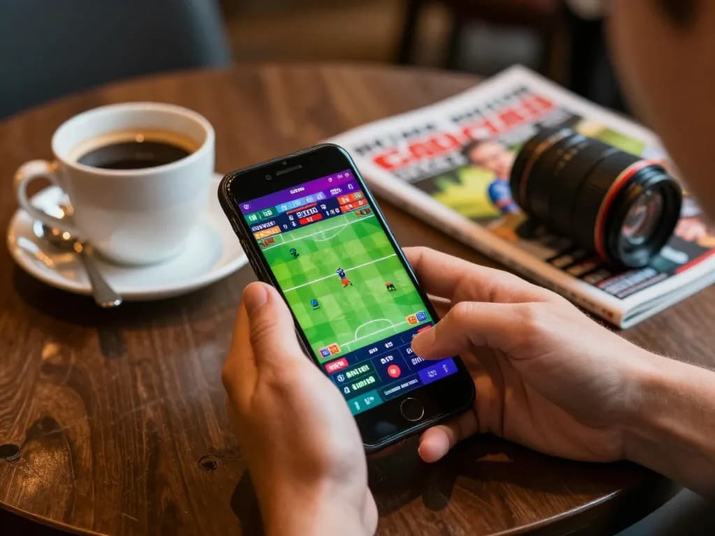 ku88 player checks sports odds on smartphone while enjoying coffee at café