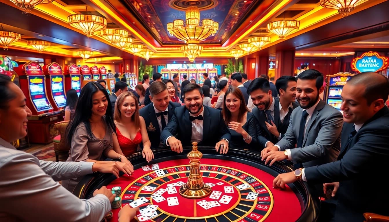 Raja Luck gaming atmosphere with vibrant casino players at roulette and slot machines.