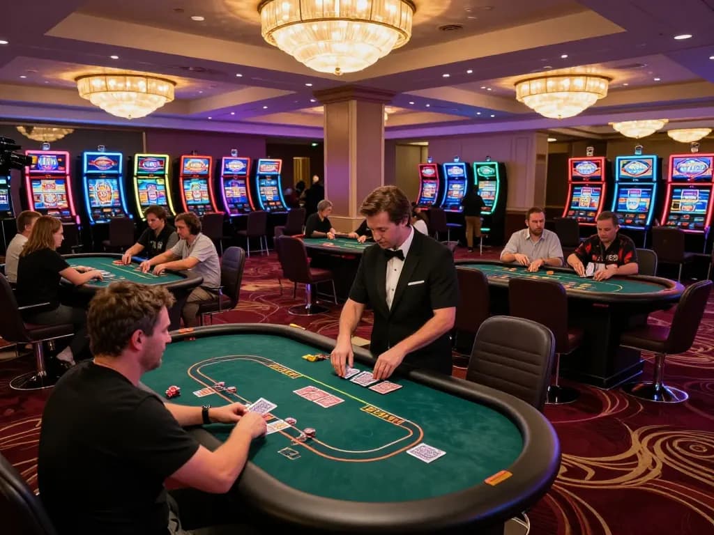 Players engaging in poker at Ta88 casino, showcasing vibrant table action and attentive dealers.
