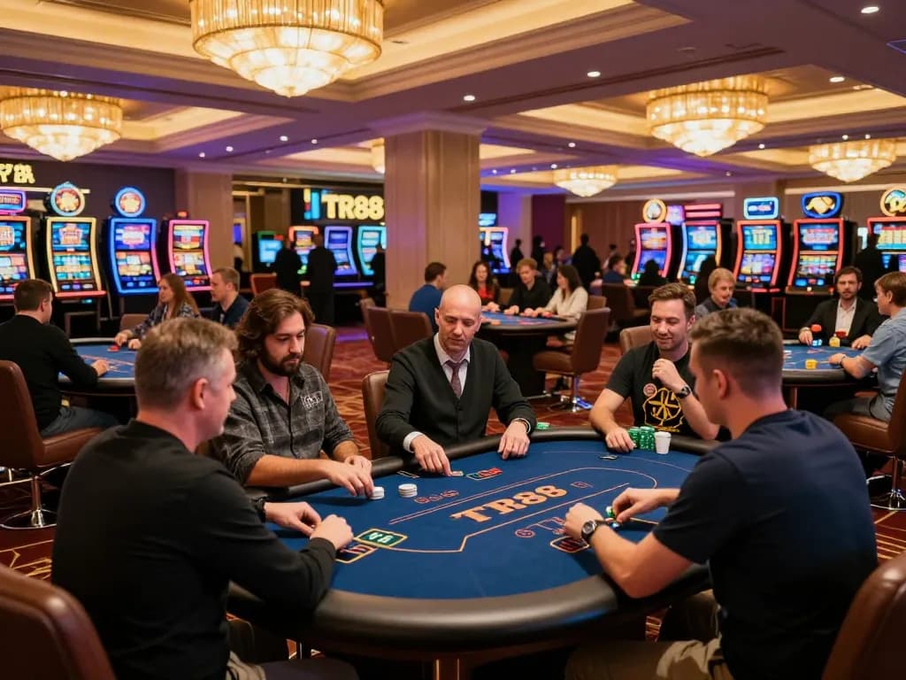 Players engaging in a vibrant TR88 casino gaming experience amidst festive celebrations