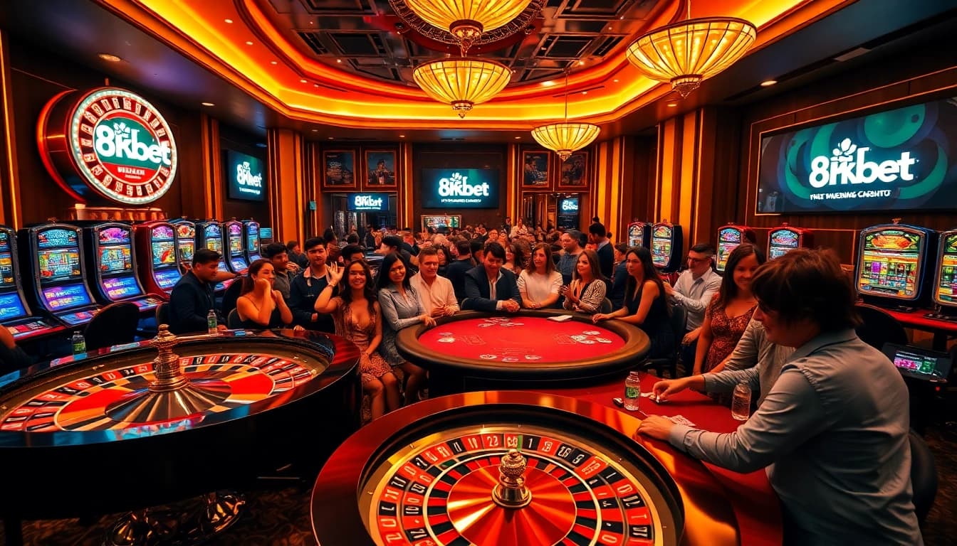 Experience the thrilling atmosphere of 8kbet casino with vibrant roulette wheels and engaging players.