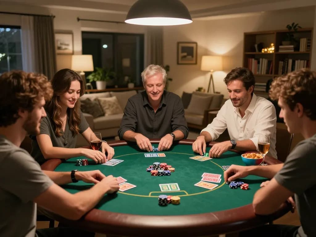 Friends enjoy a thrilling poker night playing at home with the leading house, nhà cái 8xbet, highlighting social gambling fun