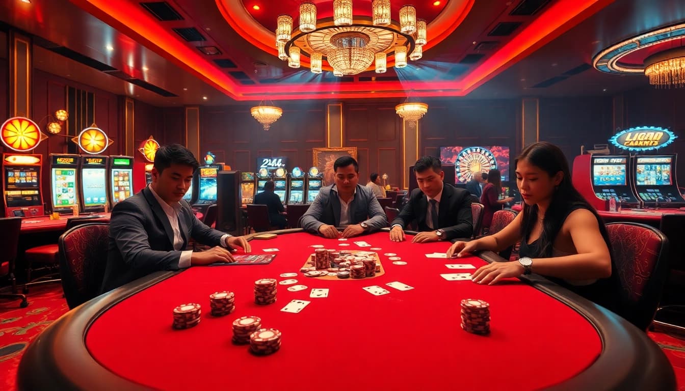 Exciting gaming atmosphere at L444 featuring a high-stakes poker table and vibrant casino elements.
