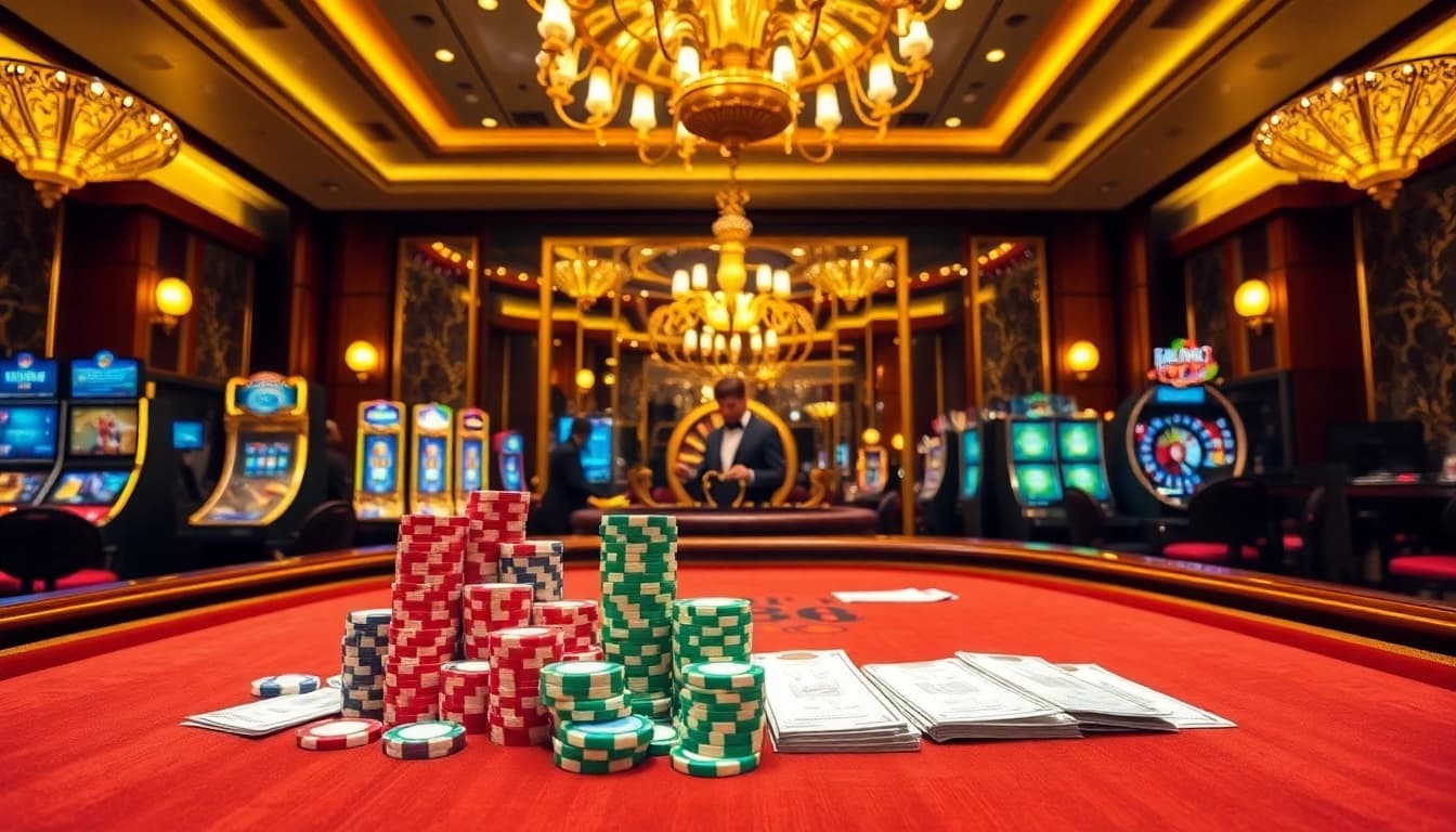 Exciting casino gameplay at J88 featuring luxurious poker chips and a baccarat table.