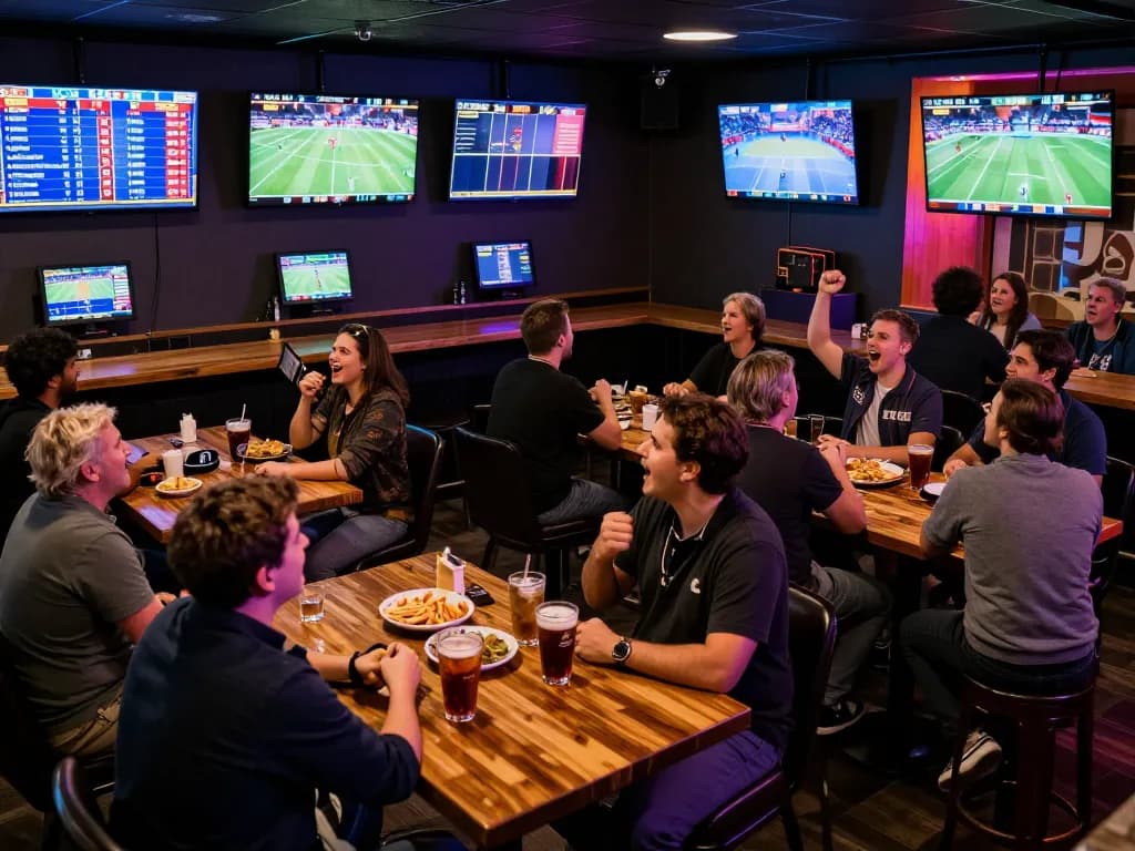 Soi kèo enthusiasts checking live scores in a lively sports bar environment
