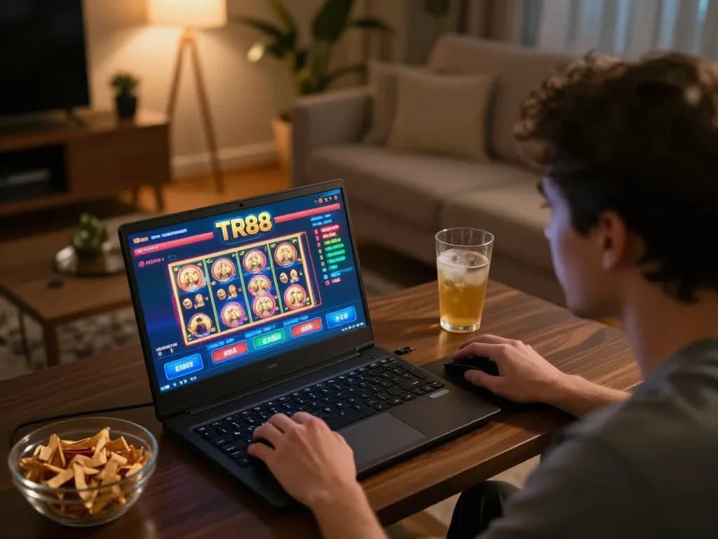 Engaging in TR88 online slot games at home, showcasing an inviting gaming atmosphere with focused player.