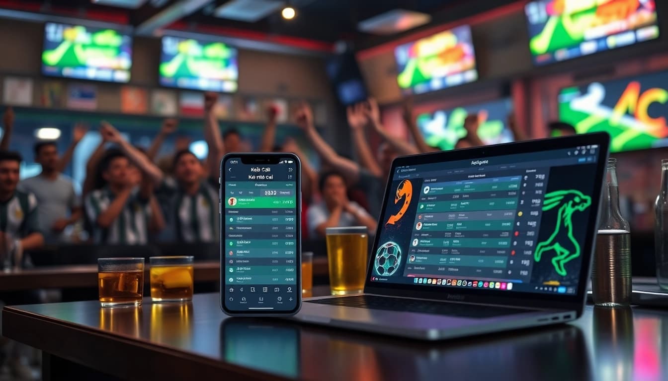 Dynamic kèo nhà cái interface highlighting real-time football betting odds in a vibrant sports bar setting.