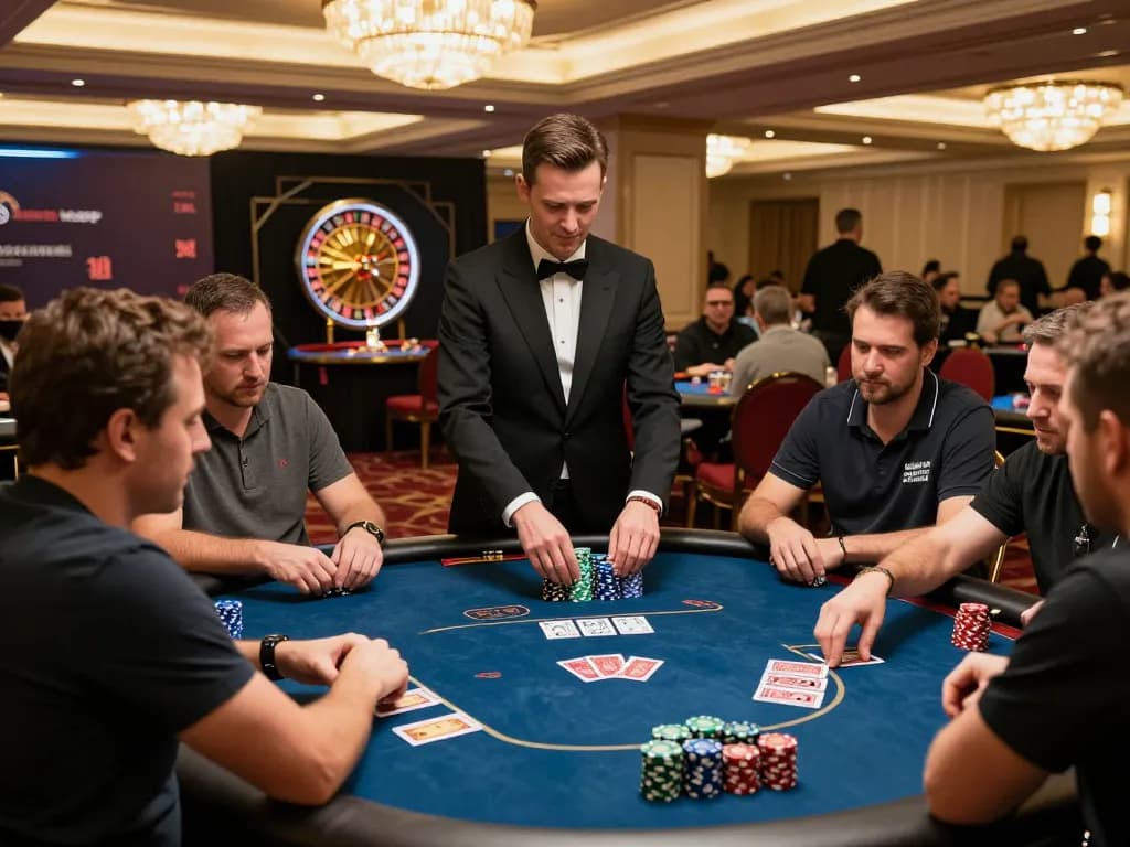 qq88 players engaged in an intense poker game, highlighting chips and dealer action in a luxury casino atmosphere