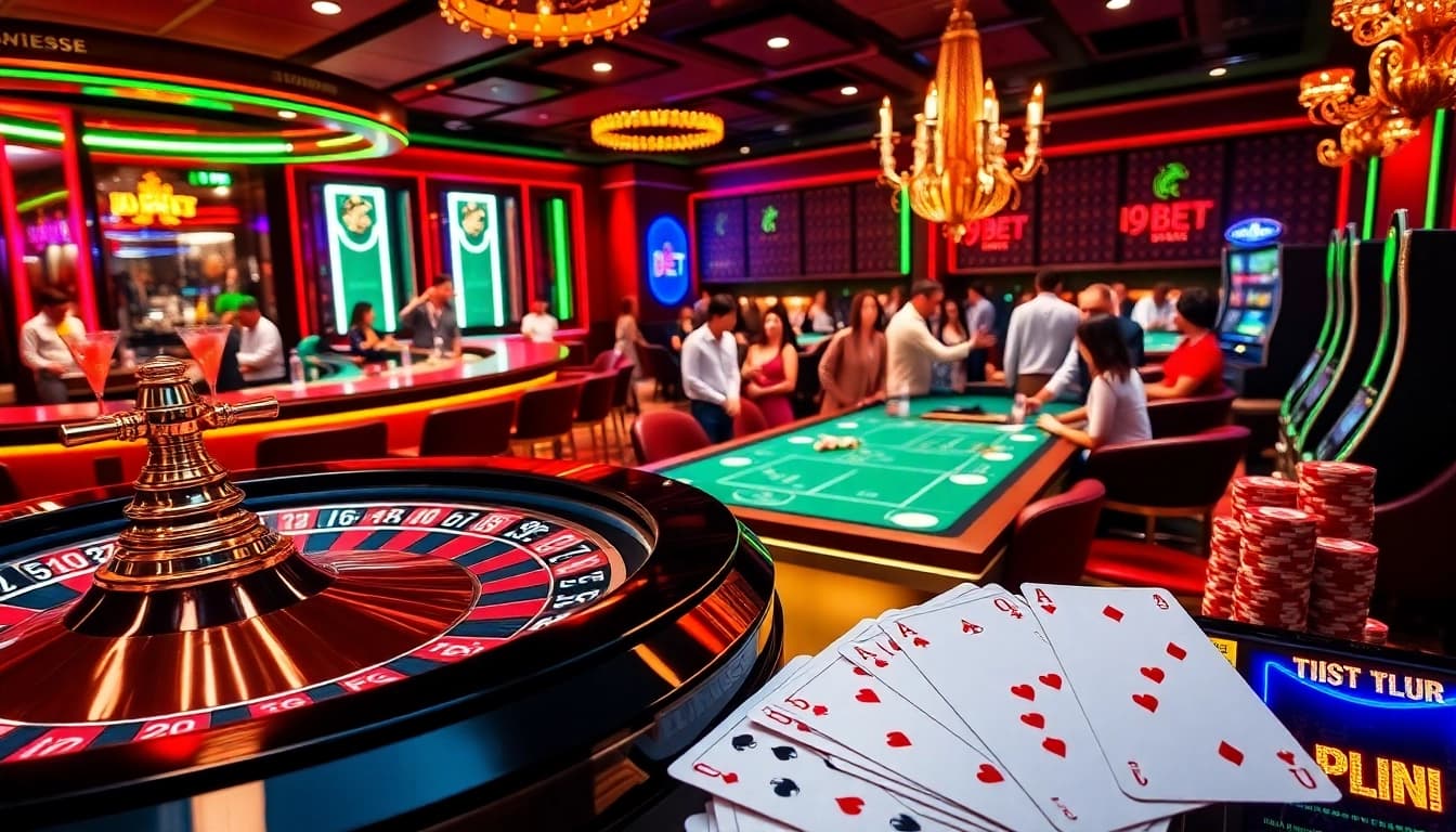 Experience the thrill of i9bet at a luxurious casino featuring roulette, poker chips, and blackjack action.