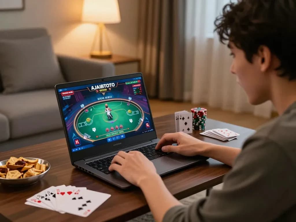 Adegan permainan AJAIBTOTO, dengan seorang pemain yang terlibat dalam poker online, menampilkan permainan yang dinamis dan catatan strategi.