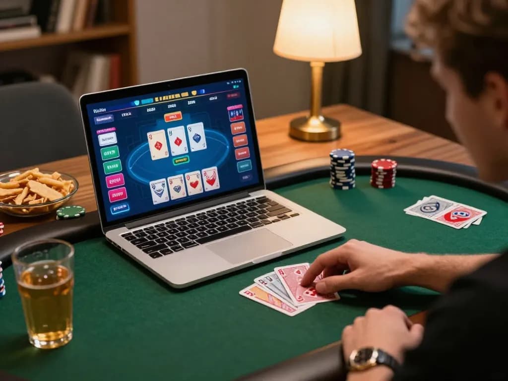 Player engaging in online poker at luck88com, showcasing a vibrant game interface in a cozy setting.