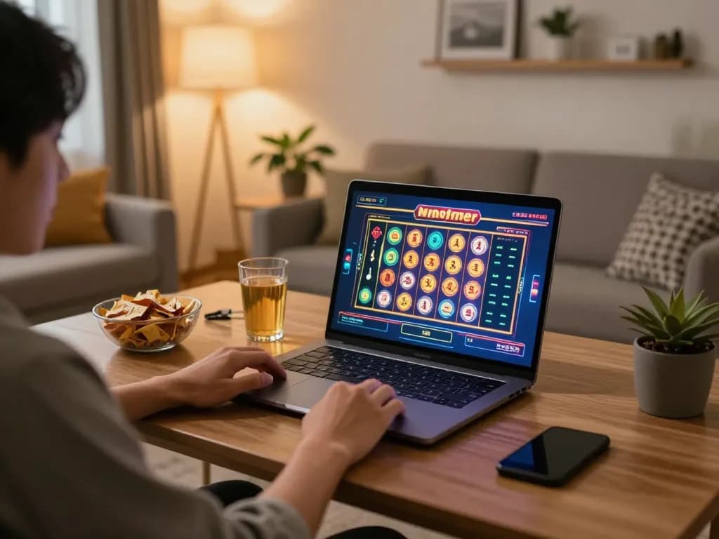 Engaging in exciting toto slot gameplay at home, laptop displaying game interface and cozy atmosphere