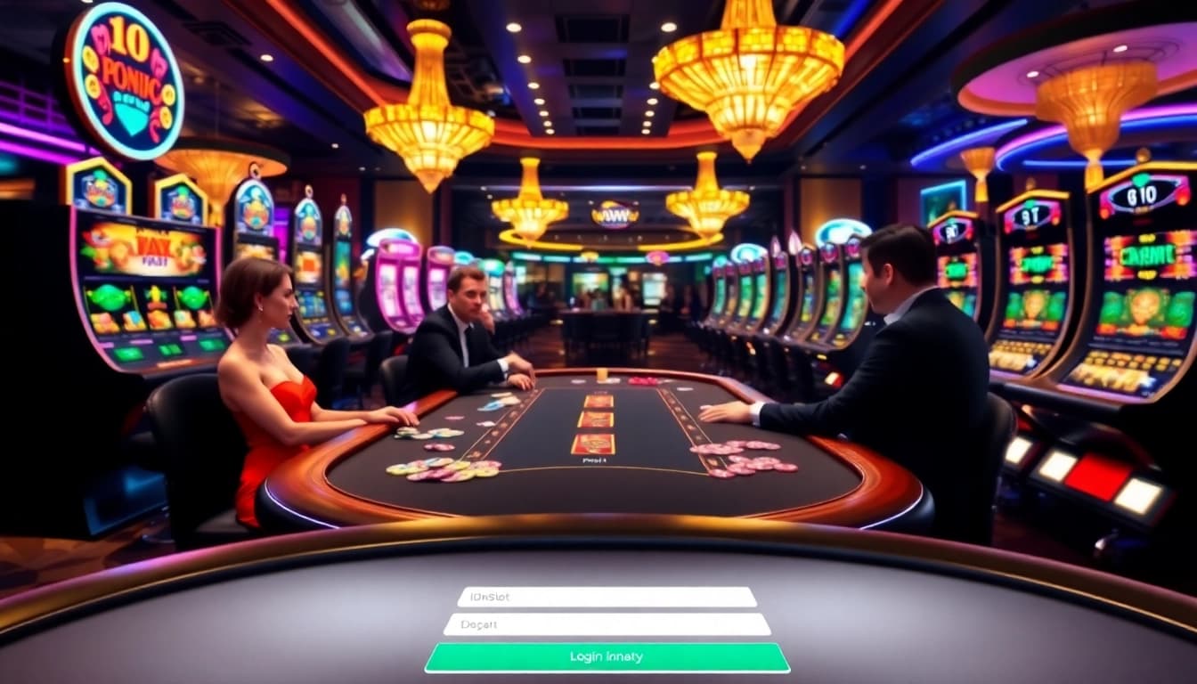 Players engaged at a luxurious blackjack table with idnslot interface displaying vibrant casino elements.