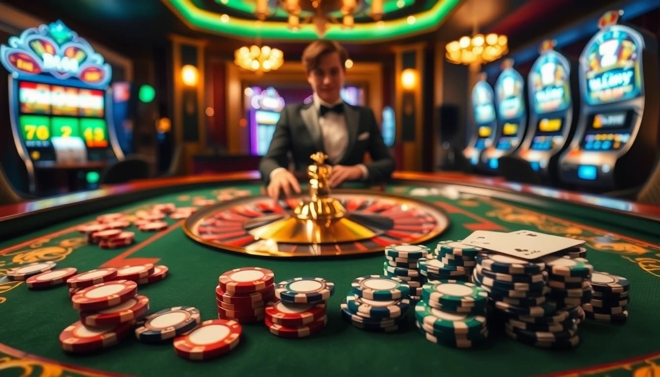 Thrilling roulette action at RR88 casino with a glamorous dealer and dazzling lights.