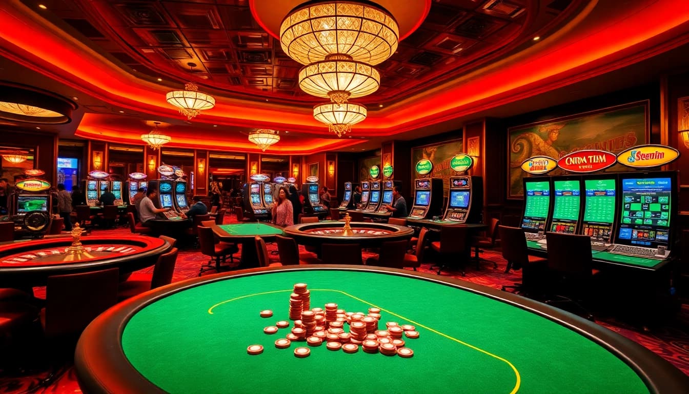 Players enjoying exciting casino games at 98win with poker tables, slots, and roulette.