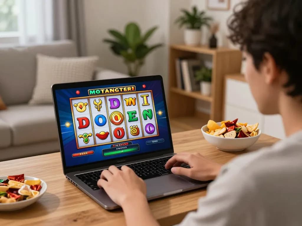 Engaging with an online slot Malaysia game on a laptop in a cozy living room setting.