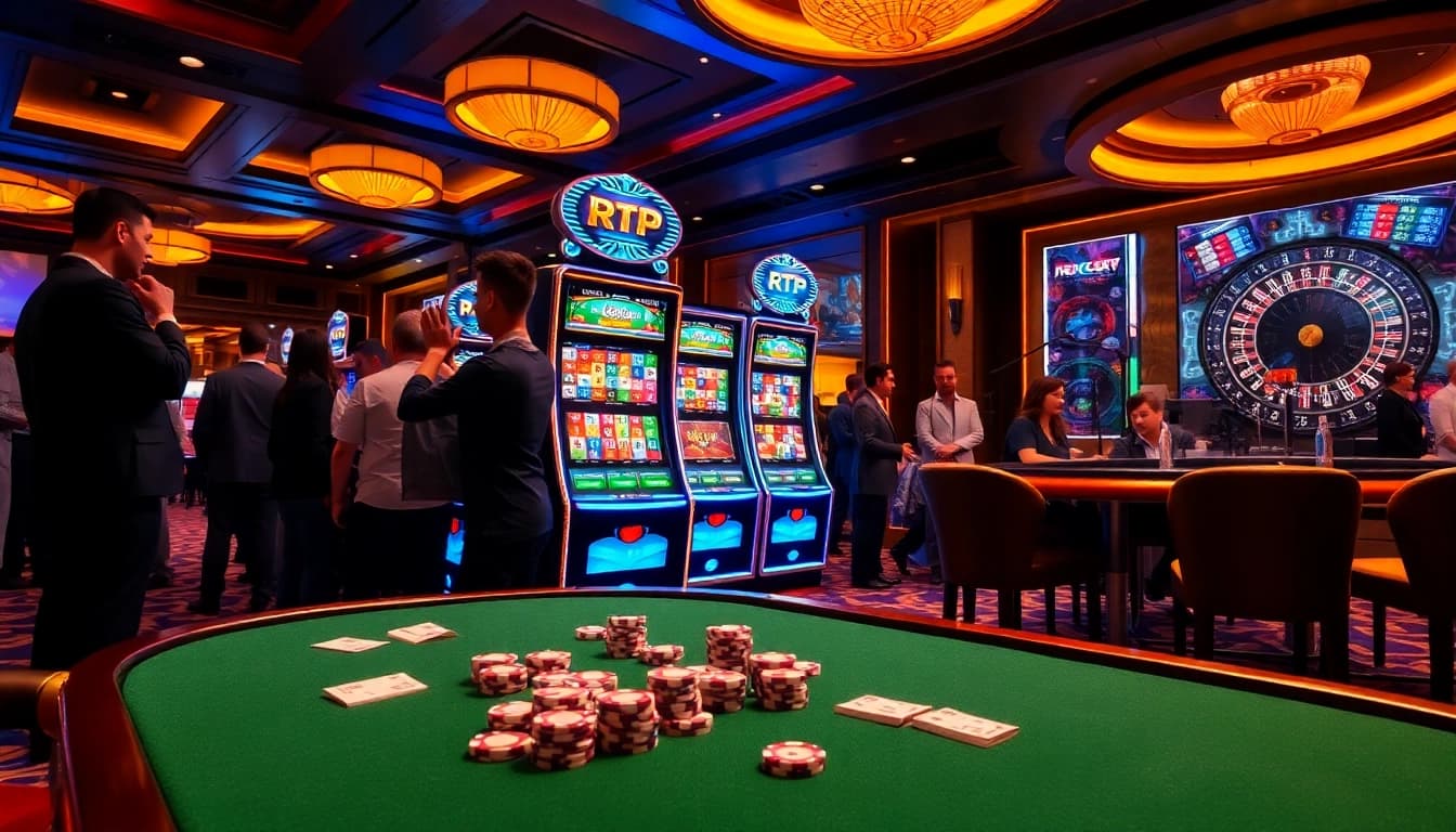 Engaging players spin the RTP Slot Gacor machine, showcasing vibrant casino excitement.