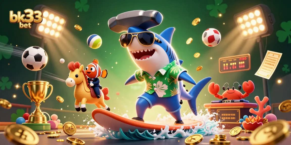 Exciting bk33 bet live casino action featuring a playful shark and friends amidst sports betting elements.