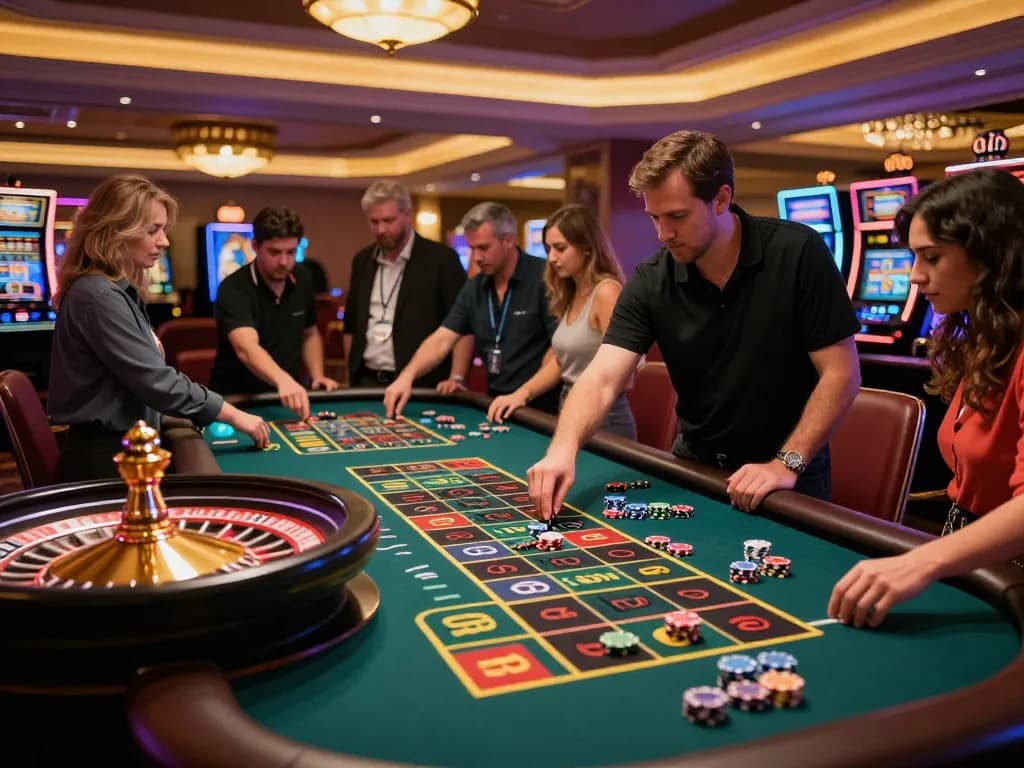 Players placing bets on the HM88 roulette table, capturing the excitement of a vibrant casino atmosphere.