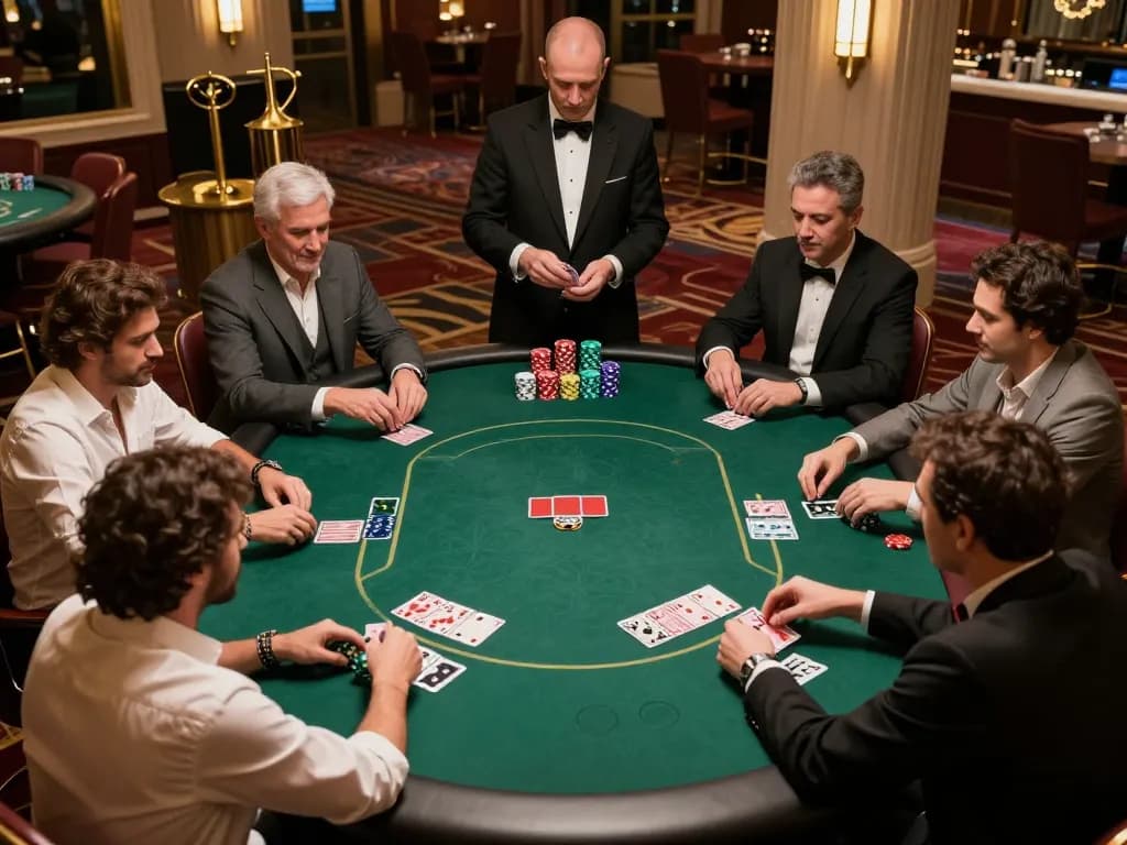 Exciting poker gameplay at CK444 casino with players focusing on cards and vibrant chip stacks.