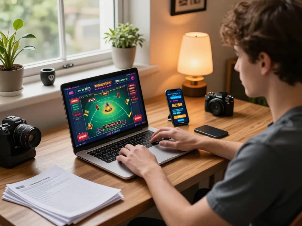 Player enjoying an engaging game session with SC88 app on a laptop and smartphone, surrounded by strategic notes.