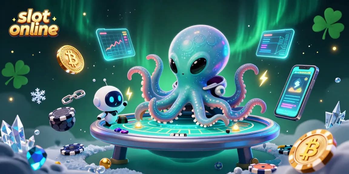 Immerse in slot online action with a 3D cartoon octopus operating a holographic poker table.