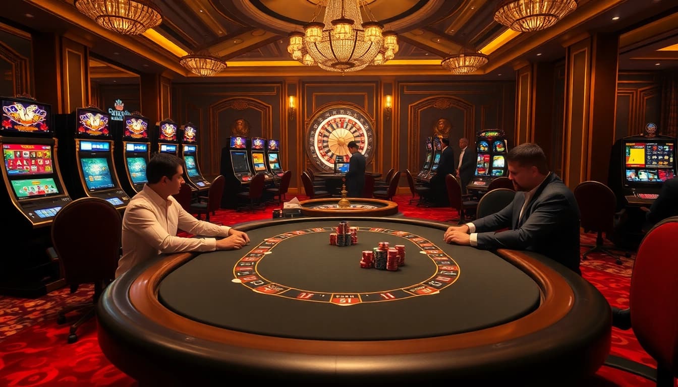 Players enjoying an exhilarating game at BL555 casino table amidst luxurious surroundings.