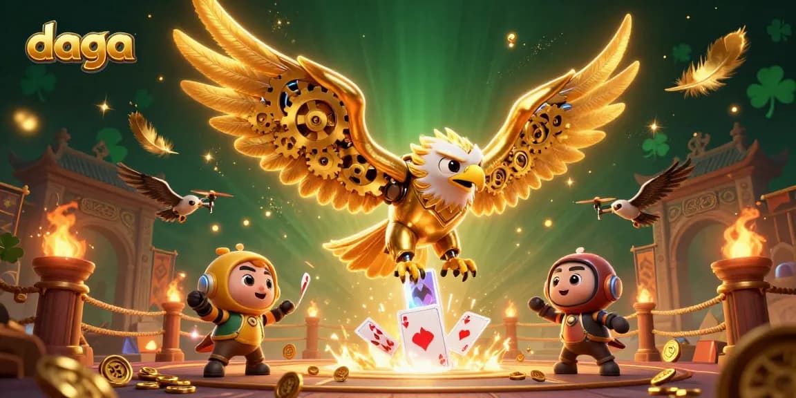 Engage in exhilarating battles at Daga, where a cybernetic eagle dives amid vibrant casino elements.