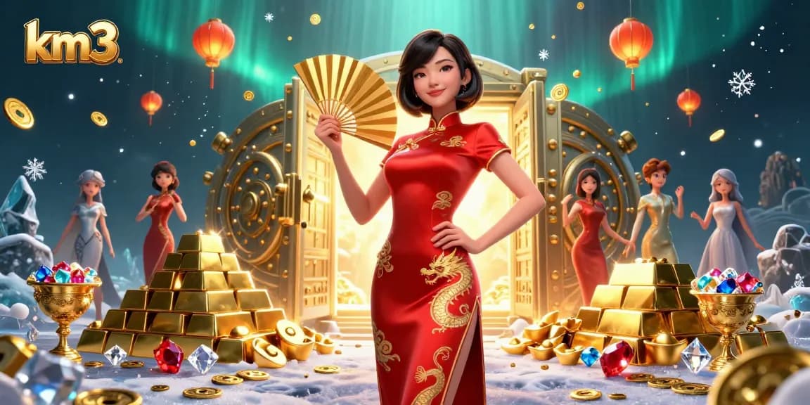Engage with km3's stunning 3D casino scene featuring a radiant Asian woman, golden treasures, and vibrant gaming themes.
