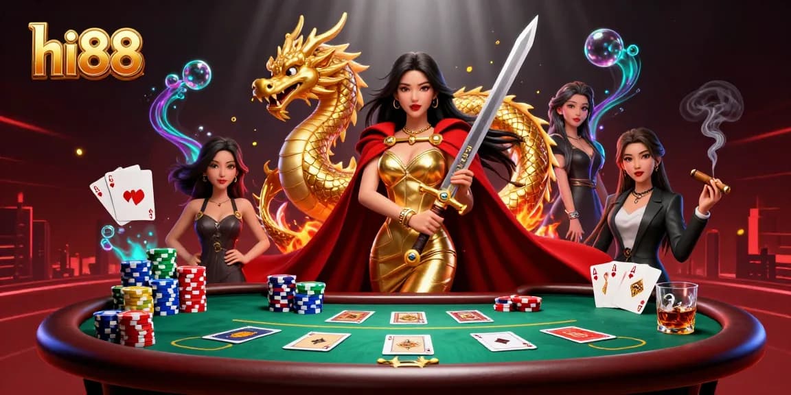 Experience thrilling poker action with hi88's vibrant casino illustration showcasing a majestic warrior queen.