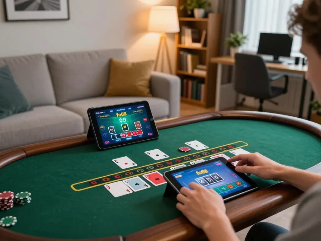 Playing live dealer blackjack at fo88 in a cozy home setting with tablet and warm lighting.