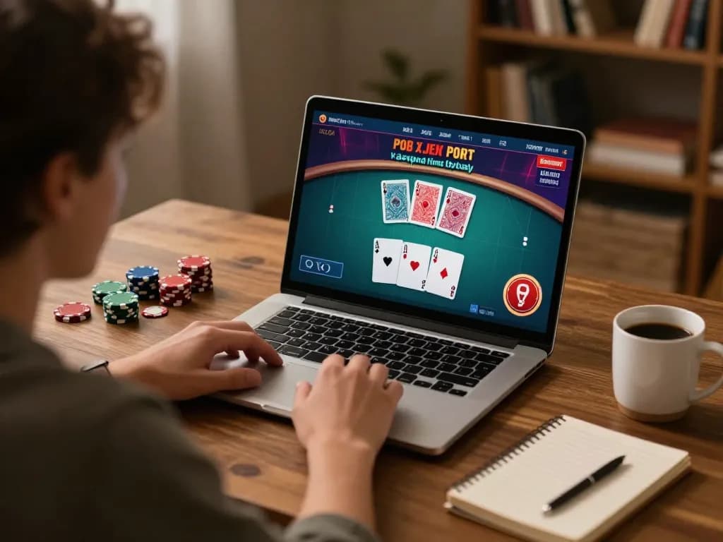 Player immersed in an online poker game at home using a laptop on a cozy evening, featuring 789 f gameplay elements.