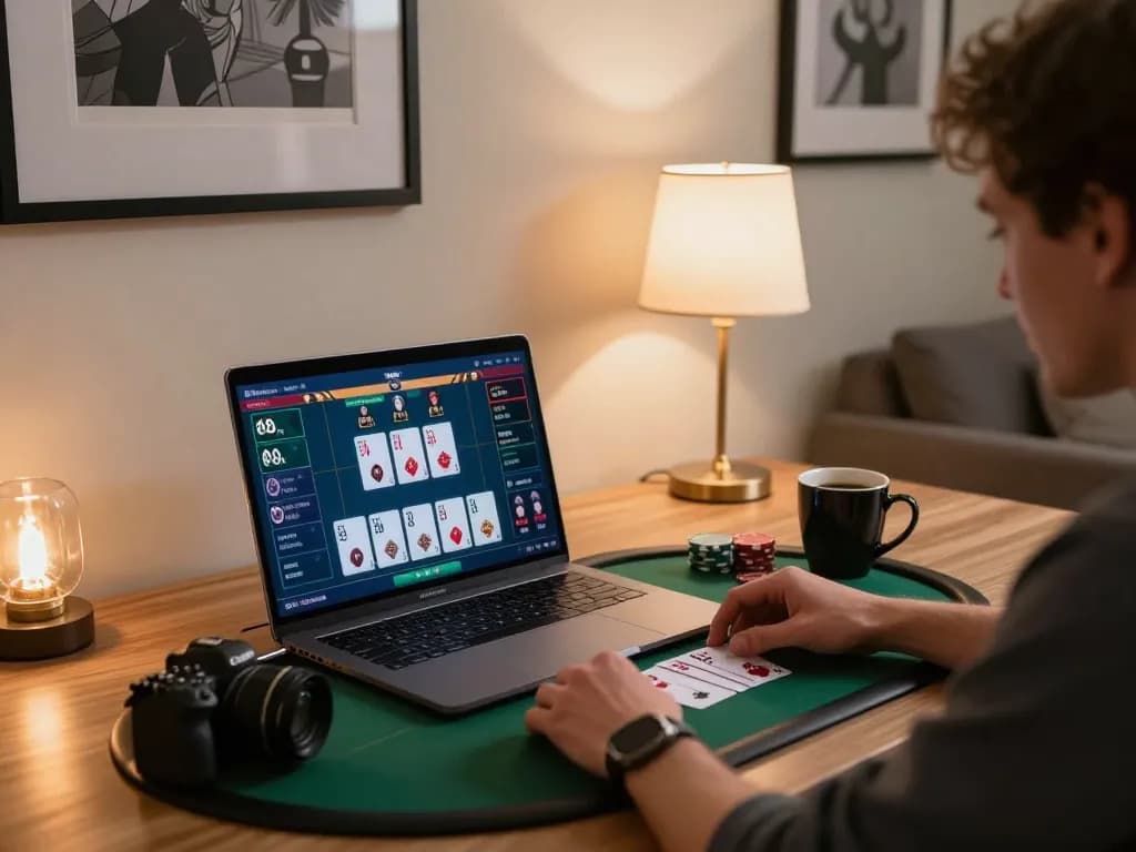 Experience Go88's thrilling online poker gameplay in a cozy home office setup