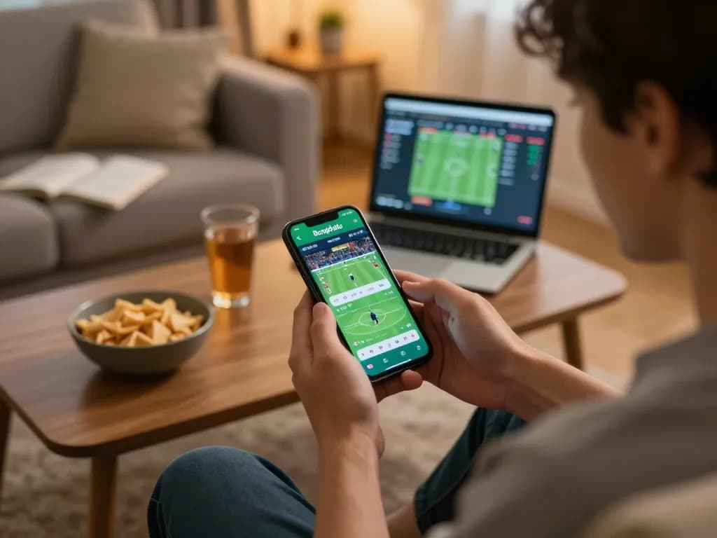 Bongdalu app showing live scores as a sports betting enthusiast analyzes data at home.