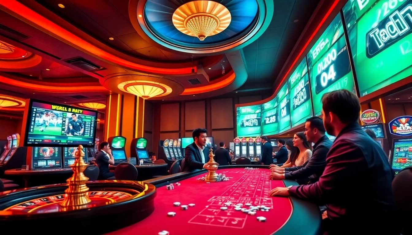 Engaged bettors enjoying Judi Piala Dunia at a vibrant casino with dynamic odds displays.