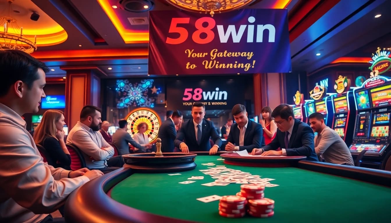 Experience the excitement of gambling at 58win with players enjoying poker, slots, and roulette.