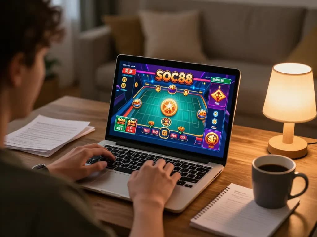 Player engaging with soc88 online casino, showcasing interactive gaming interface and cozy home setup.