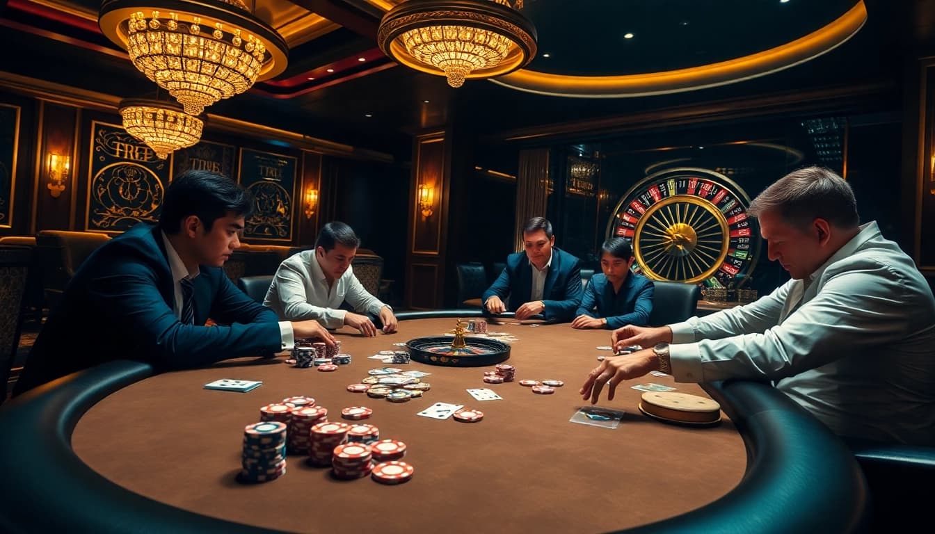 Players enjoy a thrilling game at the TR88 poker table, surrounded by colorful chips and a roulette wheel.