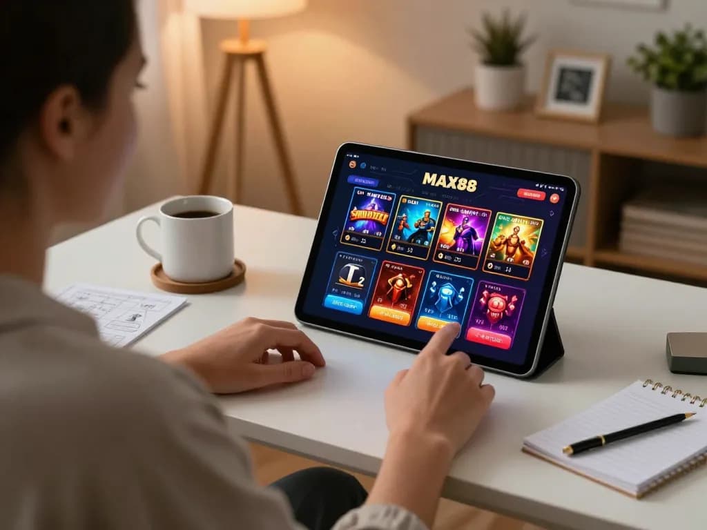 Engaging with the MAX88 online casino interface at home for strategic gameplay.