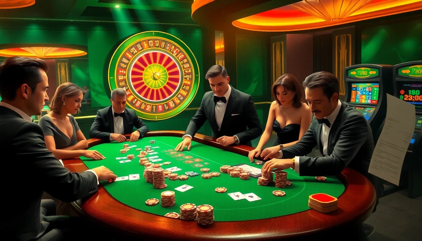 Experience the thrill of RR88 with a luxurious poker table and dynamic gambling elements.