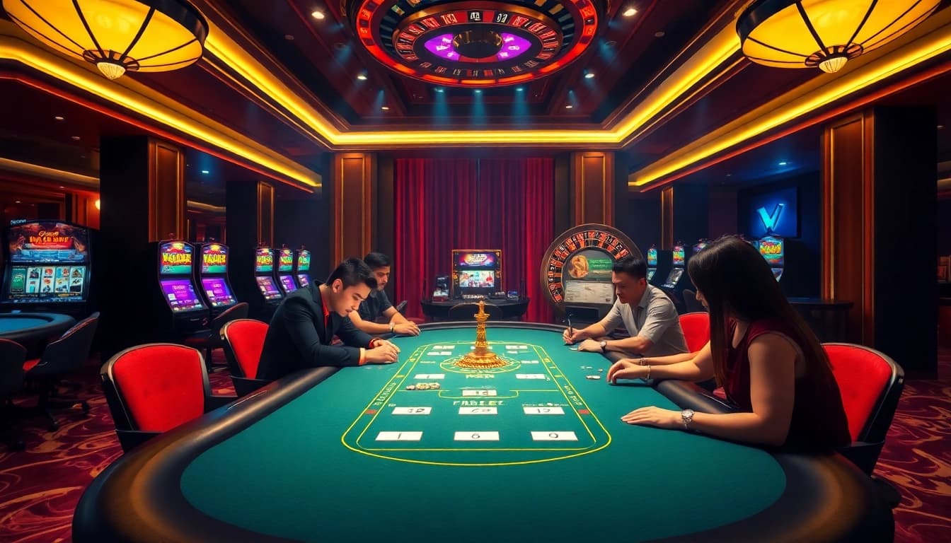 Players engaging in high-stakes poker in an opulent casino, showcasing hello88pr.com experience.