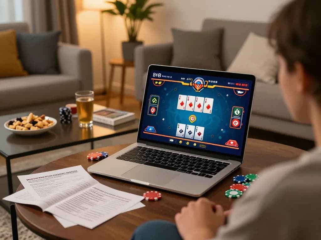 tt88 nohu player analyzing strategy during an engaging online poker session at home.
