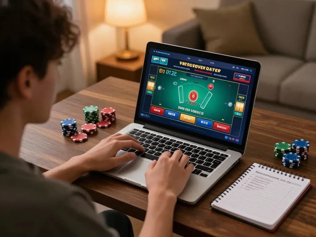 uu88 player engaging in a blackjack game on a laptop at home, showcasing responsible gaming practices.