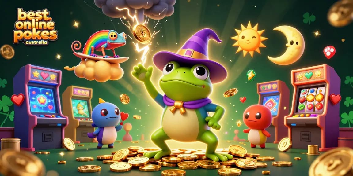 Experience the best online pokies Australia with a cartoon wizard frog creating golden coin storms!