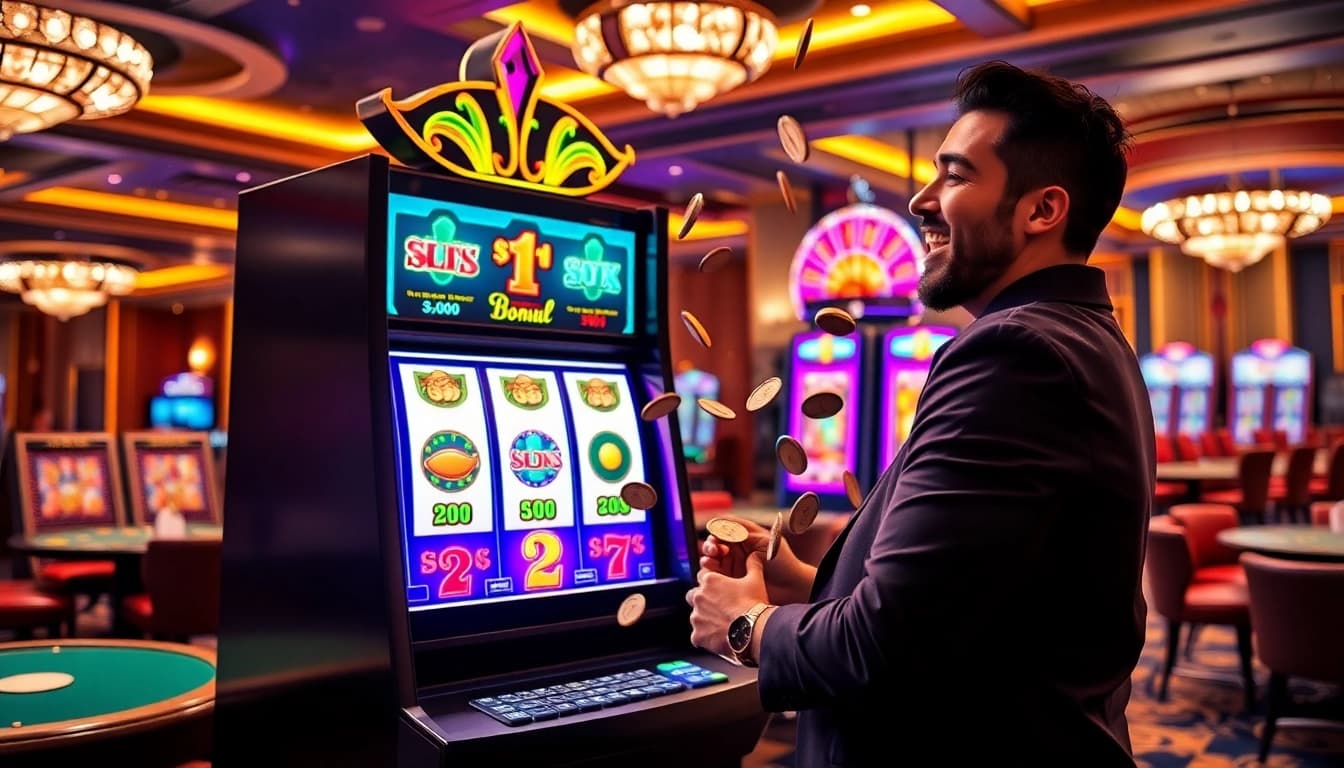 Winning at a slot machine with an exciting slot bonus in a luxury casino setting.